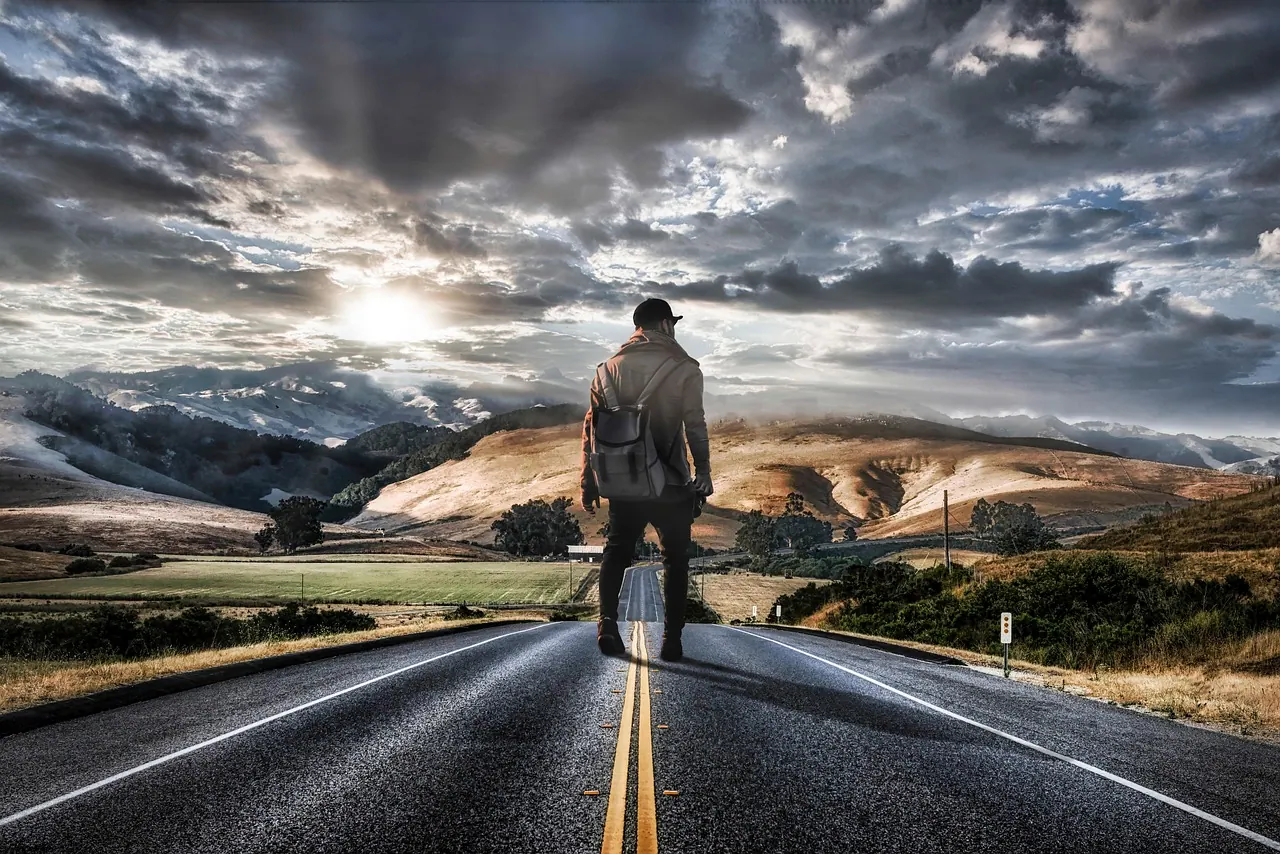 man, backpack, highway, road, field, prairie, sunset, mountains, nature, route, exterior, photographer, landscape