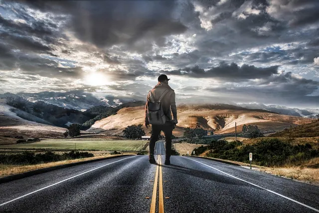 man, backpack, highway, road, field, prairie, sunset, mountains, nature, route, exterior, photographer, landscape