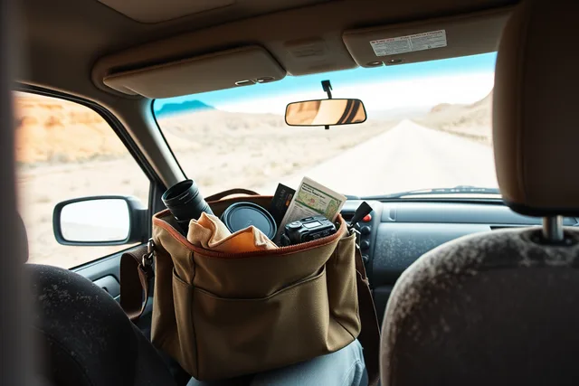 Open camera shoulder bag on a vehicle seat packed for a backroad photography drive. What does a photographer pack when planning a backroad itinerary?