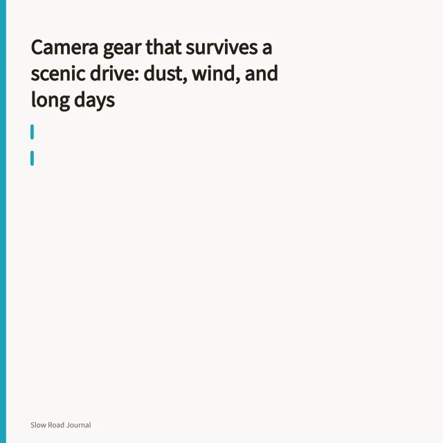 Dust-sealed camera bag and zoom lens inside a vehicle at a gravel scenic overlook. Camera gear that survives a scenic drive: dust, wind, and long days