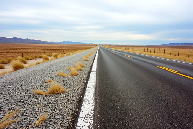 Two-lane country highway with gravel shoulder crossing open empty country under an overcast sky. Getting slow road travel right the first time