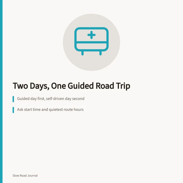 Two-day road trip plan pairing a guided day with a self-driven loop. Building a two-day itinerary around one guided road trip operator