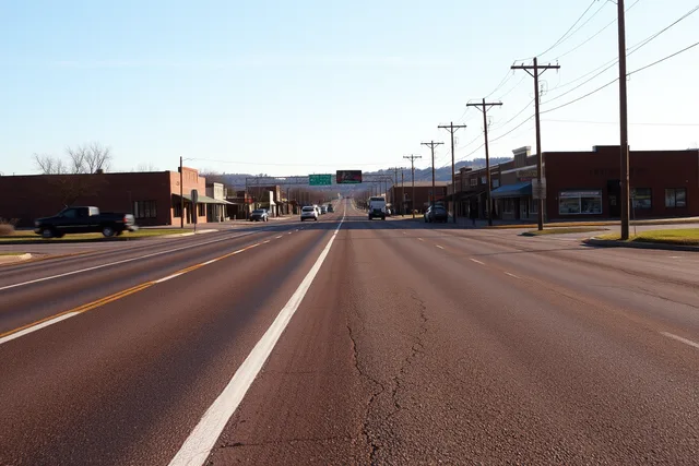 Two-lane country highway curving past a small town main street. Built around small towns, not mileage: a two-day shape that works