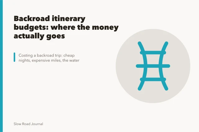 Cracked asphalt backroad highway with gravel shoulder through remote open country. Backroad itinerary budgets: where the money actually goes