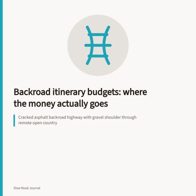 Cracked asphalt backroad highway with gravel shoulder through remote open country. Backroad itinerary budgets: where the money actually goes