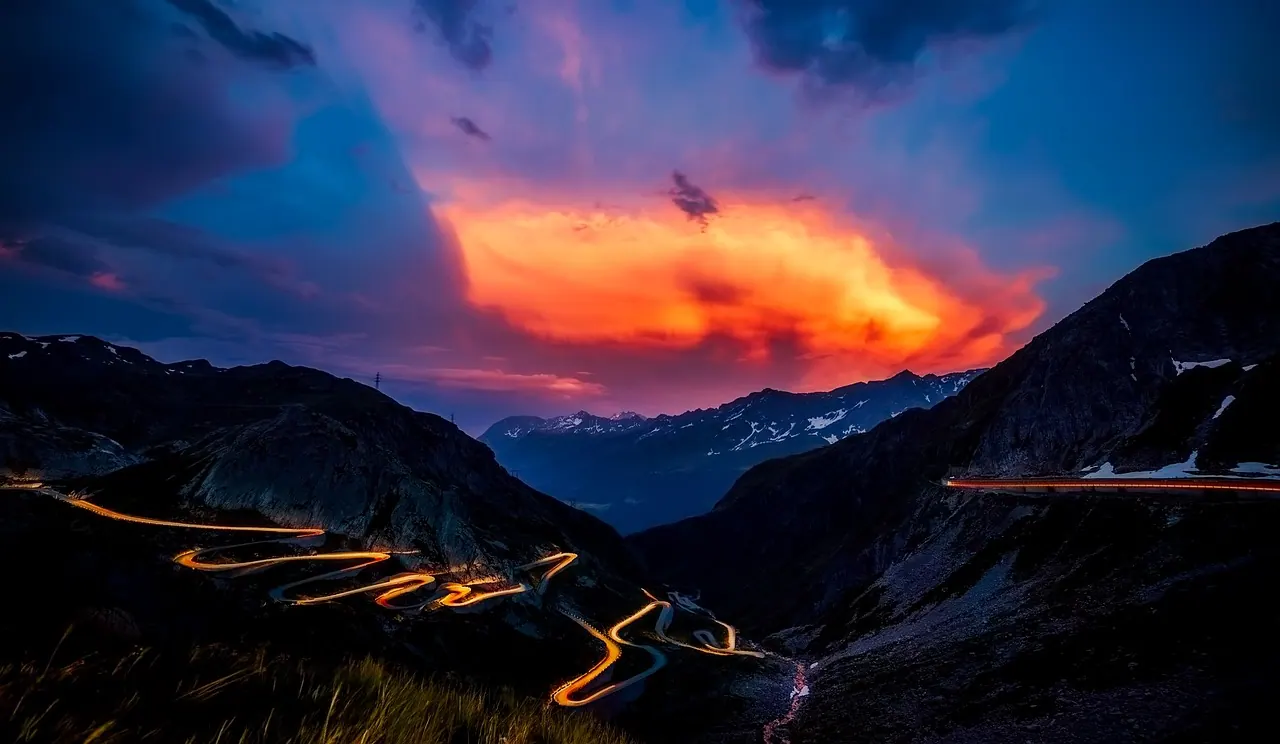 switzerland, landscape, sunset, dusk, panorama, road, highway, lights, mountains, nature, outdoors, country, countryside, rural