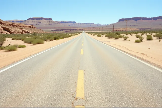 Paved backroad asphalt ending where dirt gravel begins in desert canyon country. 5 parts of backroad itinerary building, explained