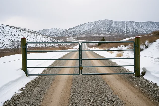Locked winter gate blocking a snowy gravel road on Steens Mountain. Best seasons to avoid the usual slow travel mistakes in 2027: the parts worth your time