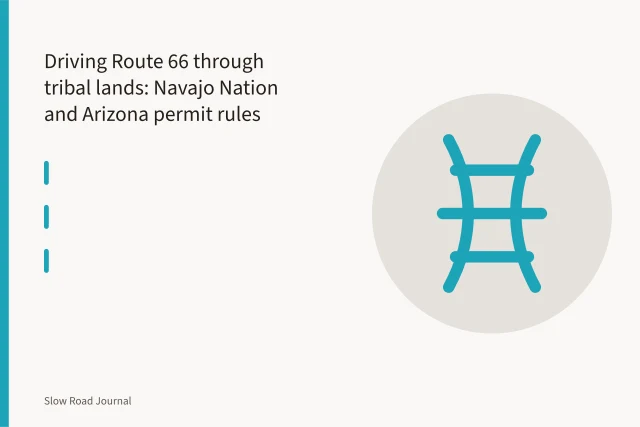 Route 66 asphalt crossing Navajo Nation desert with mesas and open range. Driving Route 66 through tribal lands: Navajo Nation and Arizona permit rules