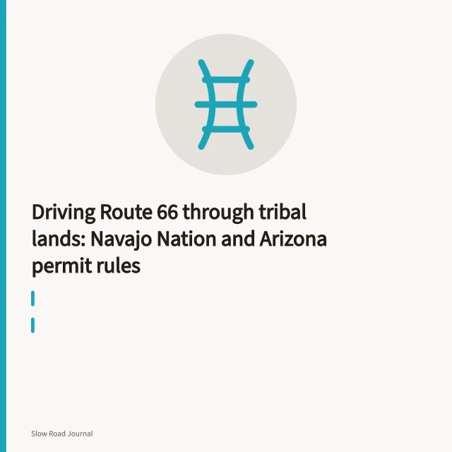 Route 66 asphalt crossing Navajo Nation desert with mesas and open range. Driving Route 66 through tribal lands: Navajo Nation and Arizona permit rules