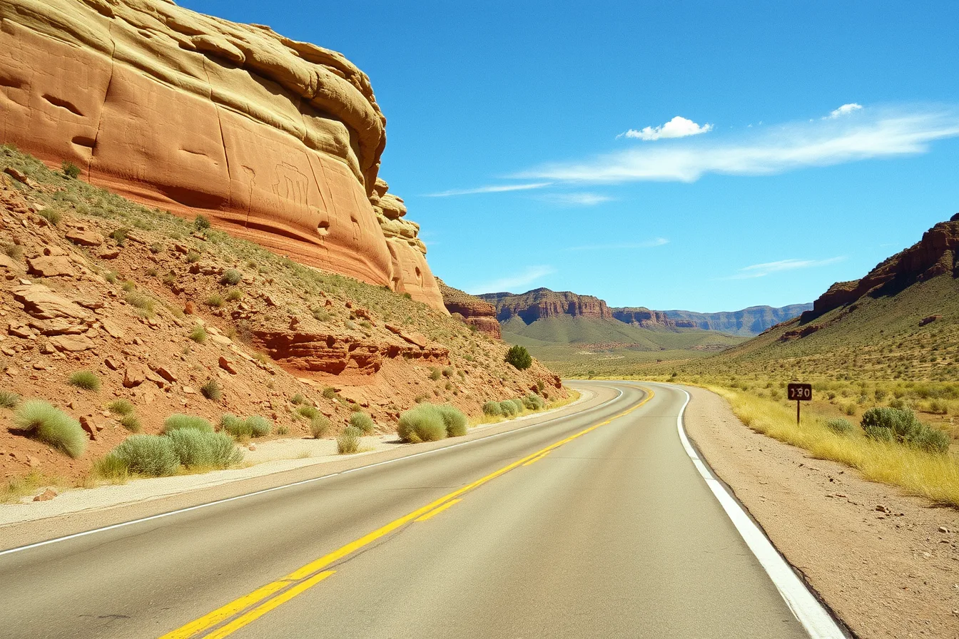Two-lane highway curving through rocky canyon along State Highway 139. Two documented examples show how a slow road corridor and anchor site work