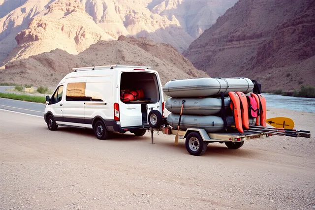 Shuttle van and raft trailer parked at a river put-in. Outfitted scenic drives compared: what the price should include