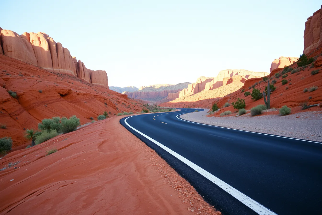 Paved scenic byway curving through red slickrock canyon in Utah desert. Building a scenic drive gear list slowly, one item at a time