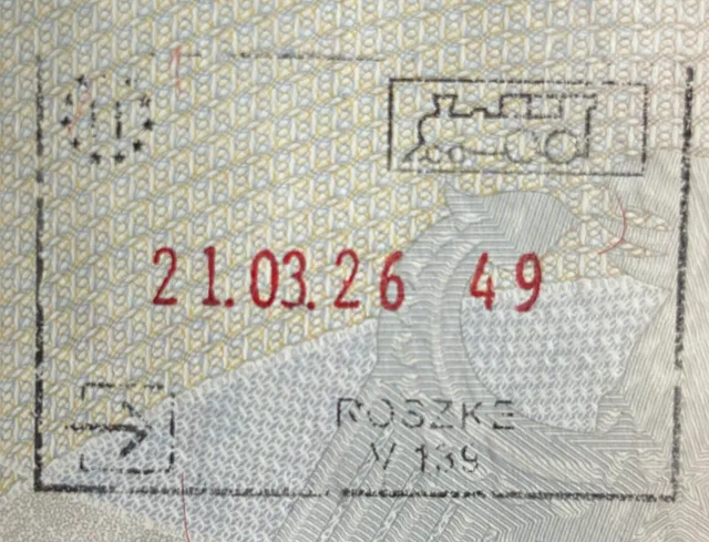 Passport stamp given at entry into Hungary at Röszke Railway Station at the border with Serbia. Historic highways from Missoula into Canada: border paperwork