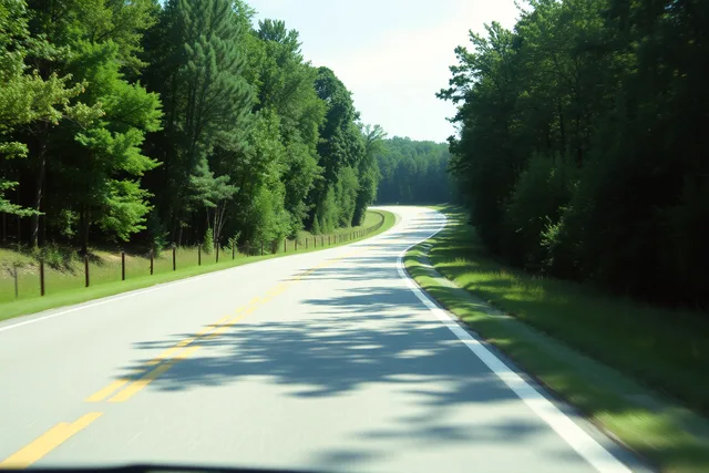 Empty two-lane Natchez Trace Parkway asphalt road curving through green forest. Natchez Trace Parkway, a slow road trip through the Deep South explained