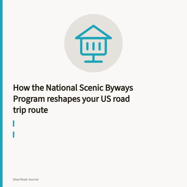 National Scenic Byway route marker sign beside a rural two-lane highway. How the National Scenic Byways Program reshapes your US road trip route