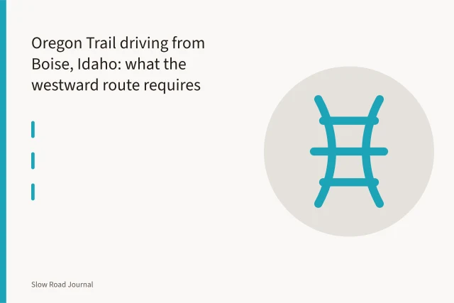 Wagon ruts cut through sagebrush on Flagstaff Hill near Baker City, Oregon. Oregon Trail driving from Boise, Idaho: what the westward route requires