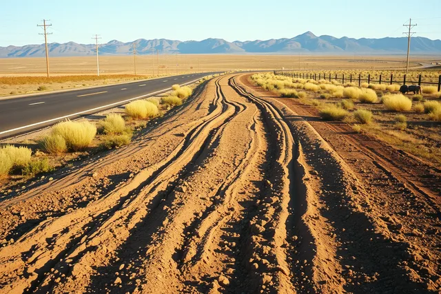 Oregon Trail wagon ruts beside a rural highway east of Portland. 5 things to know about Oregon Trail driving from Portland, Oregon