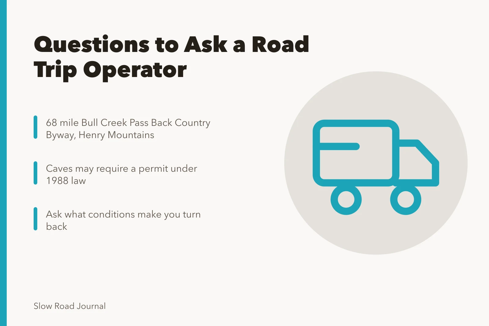 Checklist of permit, group size and turnaround questions for guided road trips. Road trip operator questions: permits, group size, and turnaround rules