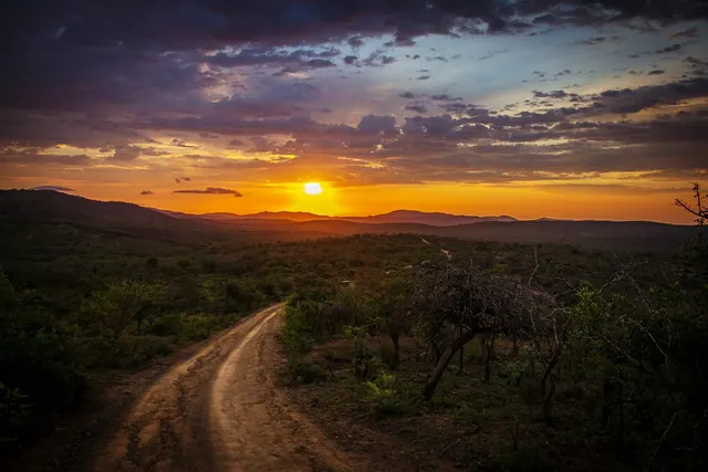 dirt road, mountains, sunset, trees, forest, jungle, woods, woodlands, curved road, clouds, dawn, dusk, landscape, nature, path, road, scenic, sky, sunrise, trail road, way, countr