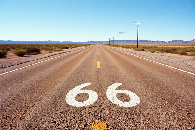 Two-lane Route 66 asphalt highway running through open rural countryside toward distant hills. Route 66 compared across eight states, from Illinois to California