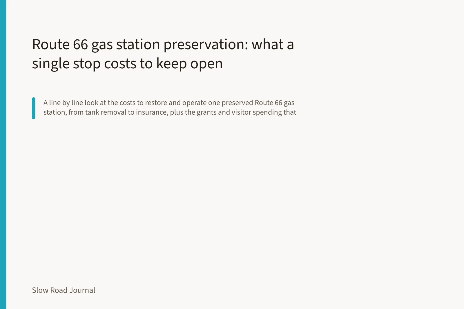 Preserved Route 66 gas station with vintage pumps beside a scenic country road. Route 66 gas station preservation: what a single stop costs to keep open