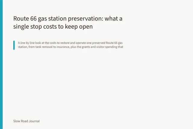 Preserved Route 66 gas station with vintage pumps beside a scenic country road. Route 66 gas station preservation: what a single stop costs to keep open