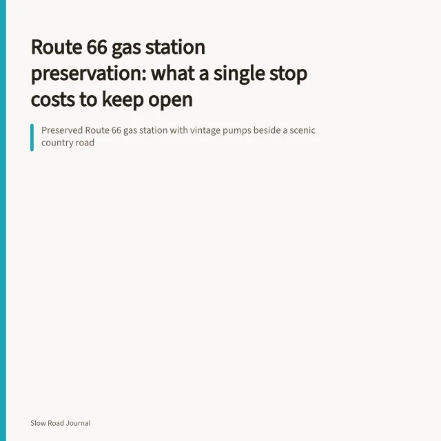 Preserved Route 66 gas station with vintage pumps beside a scenic country road. Route 66 gas station preservation: what a single stop costs to keep open