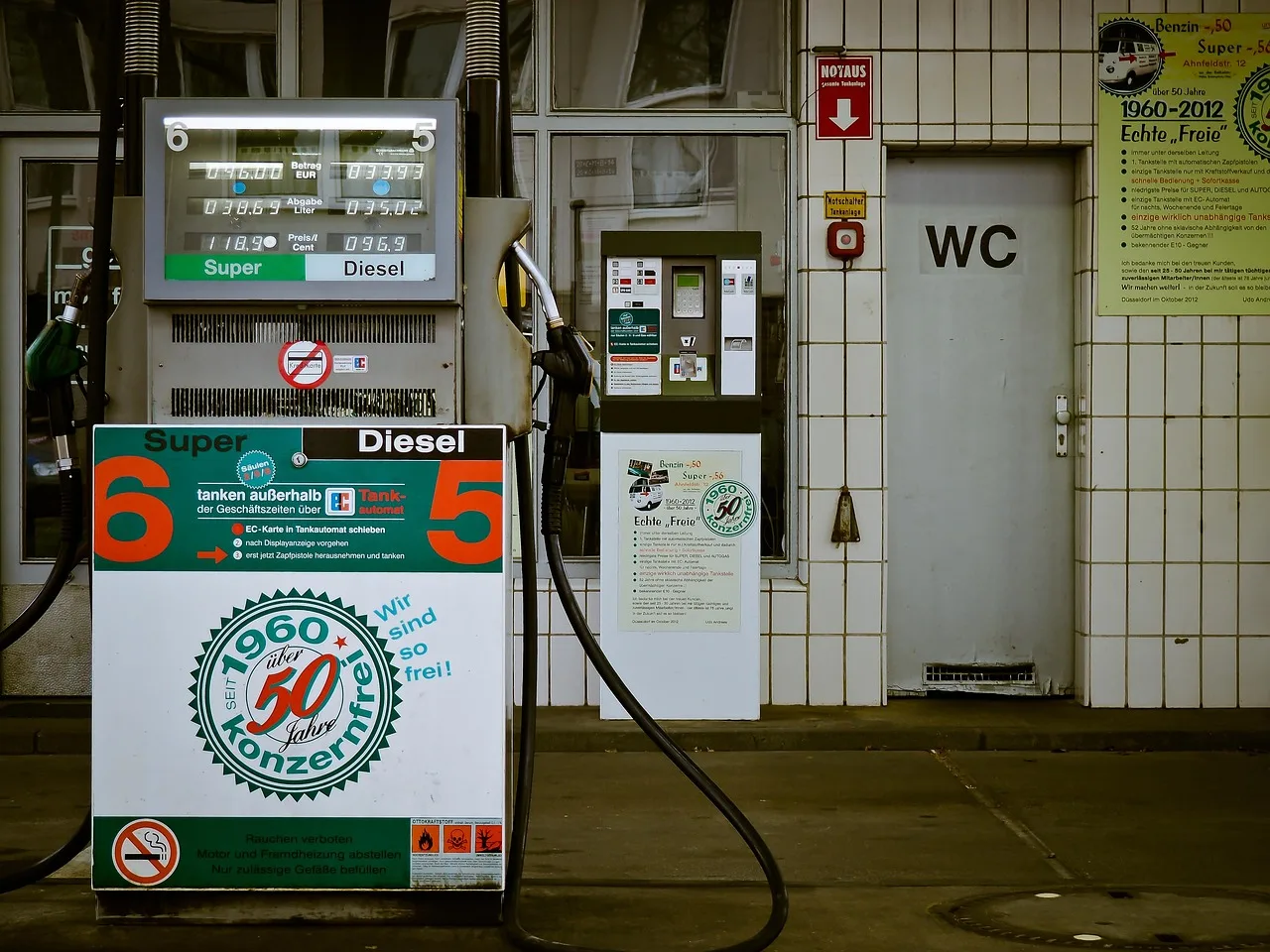 gas station, gas pumps, petrol, fuel, refuel, gasoline prices, tank, fuel pump, retro, vintage, dusseldorf. Slow road travel cost: fuel by region and federal land fees