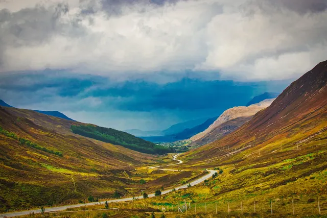 scotland, valley, nature, hill, country road, road, clouds, to travel, landscape, scenic, travel, scene, rural. What slow travel mistakes cost: transport, stays and tickets