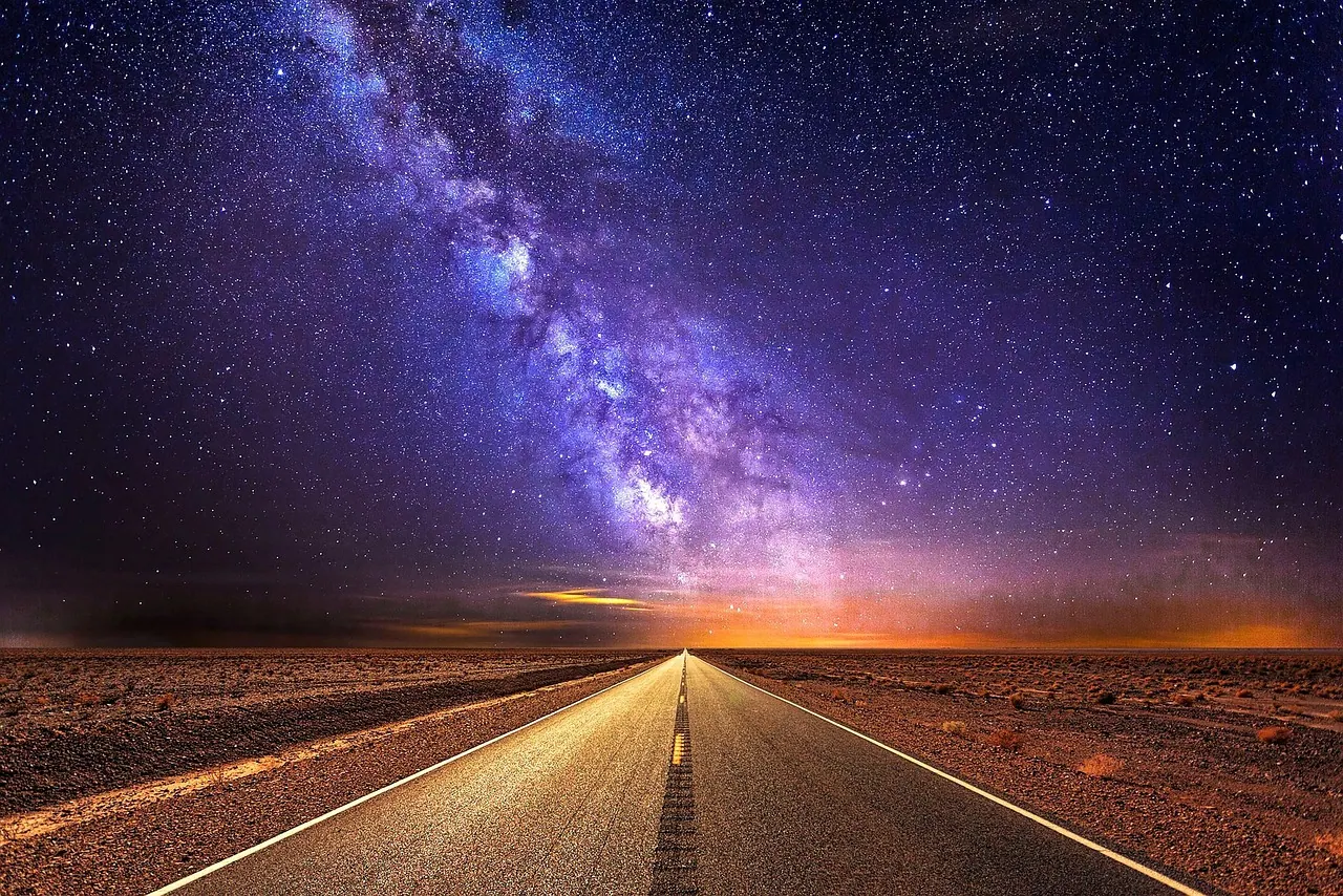 road, highway, country road, milky way, heaven, stars, travel, vacations, nature, path, dreams, dream world, time out, night, sunset