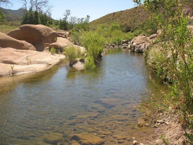 creek, sespe, wilderness, desert, harsh, oasis, nature, rocks, stream, river, water, sandstone, pebbles, grass, reeds, bank, shore, california, hiking, terrain, outdoors, exploring, adventure, discovery, scenic. Packing by pattern for short desert walks: water, grip, and the access road