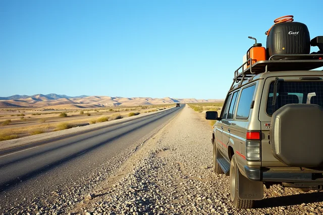 Loaded vehicle on remote desert highway shoulder with spare tire and fuel can. The short packing list that prevents the usual slow travel mistakes
