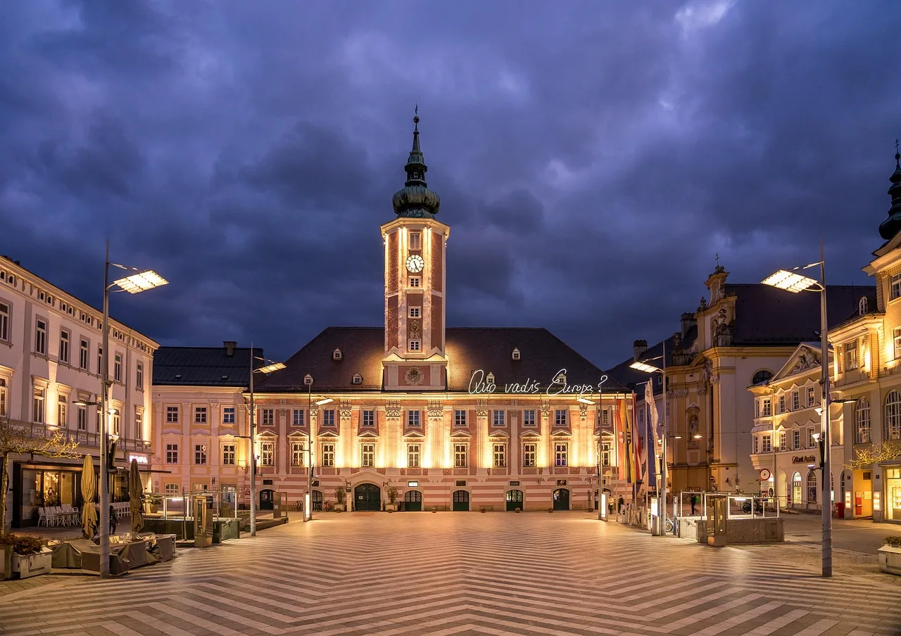 town hall, lower austria, town hall square, austria, architecture, city, urban, state capital, main square, historic centre, lighting, street lighting, night, eve, saint polten, st, polish, austria, austria, austria, austria, austria, saint polten. Reading the civic buildings that separate a real small town from a stop sign
