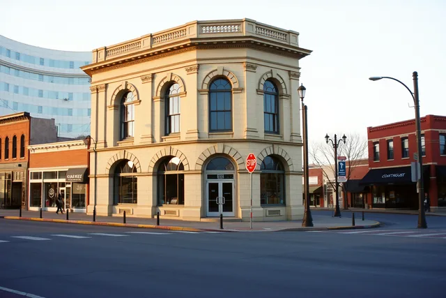 Early 1900s federal building on a small town main street corner. Reading the civic buildings that separate a real small town from a stop sign